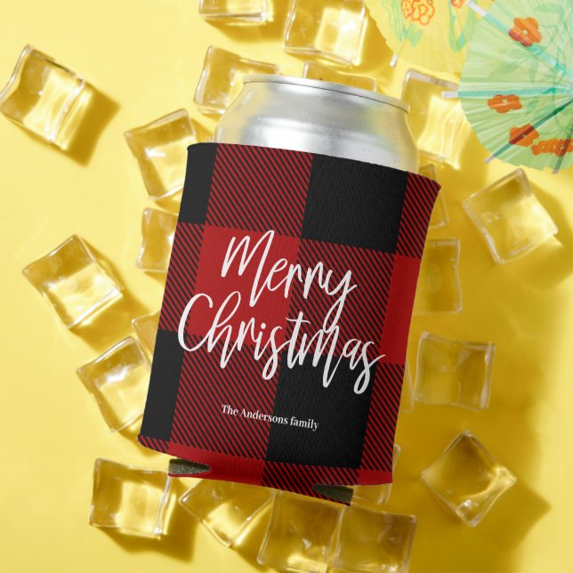 Red Buffalo Plaid & Merry Christmas |Personal Name Can Cooler (In Situ Summer)