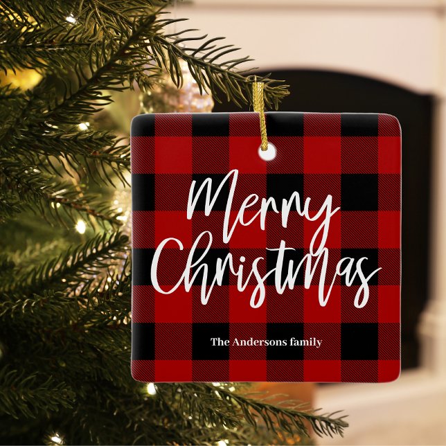 Red Buffalo Plaid & Merry Christmas |Personal Name Ceramic Ornament (Creator Uploaded)