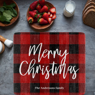 Red Buffalo Plaid & Merry Christmas  Personal Name Cutting Board