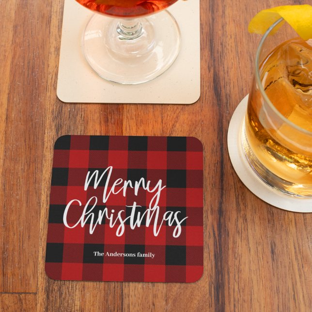 Red Buffalo Plaid & Merry Christmas |Personal Name Glass Coaster (Creator Uploaded)