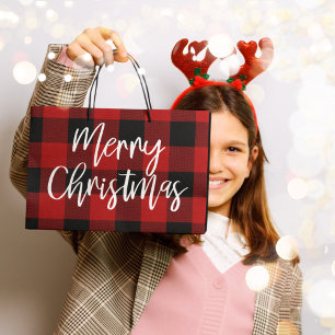 Red Buffalo Plaid & Merry Christmas Personal Name Large Gift Bag