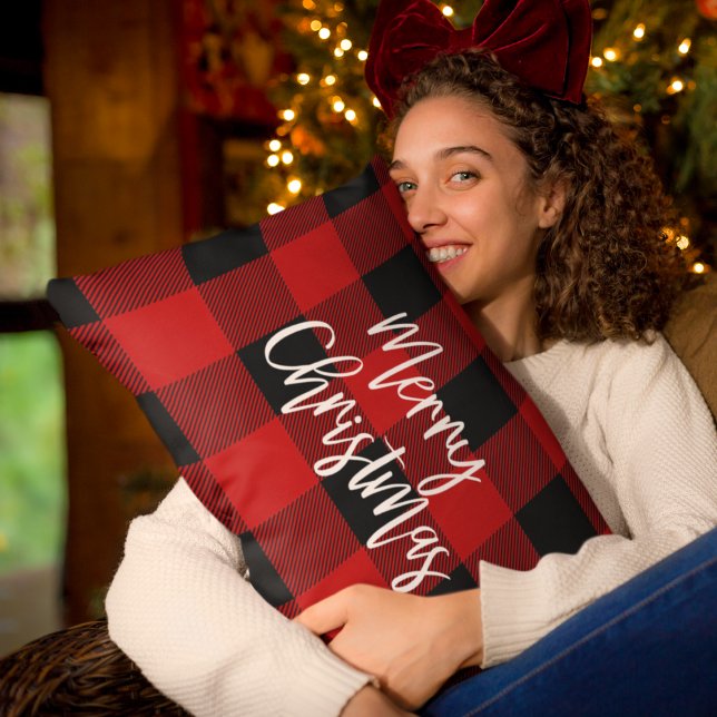 Red Buffalo Plaid & Merry Christmas |Personal Name Lumbar Cushion (Creator Uploaded)