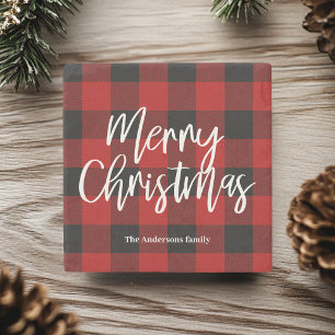 Red Buffalo Plaid & Merry Christmas  Personal Name Stone Coaster