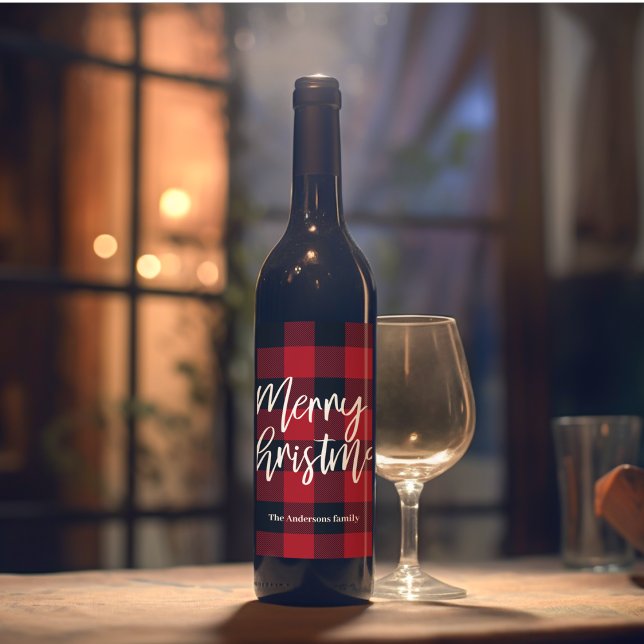 Red Buffalo Plaid & Merry Christmas |Personal Name Wine Label (Creator Uploaded)