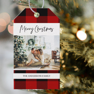 Red Buffalo Plaid & Merry Christmas With Photo Gif Gift Tags