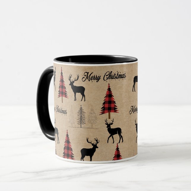 Red Buffalo Plaid & Merry Christmas Woodlands  Mug (Front Left)