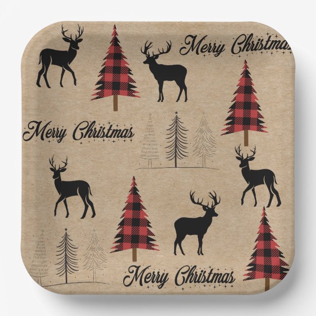 Red Buffalo Plaid & Merry Christmas Woodlands  Paper Plate (Front)