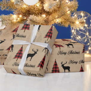 Red Buffalo Plaid & Merry Christmas Woodlands  Wrapping Paper