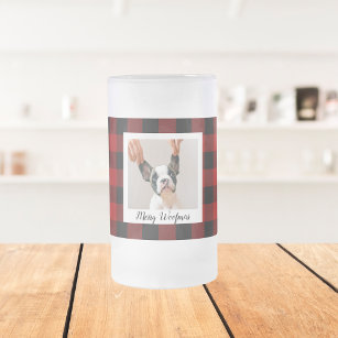 Red Buffalo Plaid & Merry Woofmas With Dog Photo Frosted Glass Beer Mug