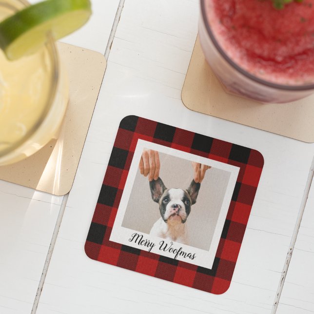 Red Buffalo Plaid & Merry Woofmas With Dog Photo Glass Coaster (Creator Uploaded)