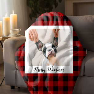 Red Buffalo Plaid & Merry Woofmas With Dog Photo Sherpa Blanket