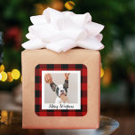 Red Buffalo Plaid & Merry Woofmas With Dog Photo Square Sticker<br><div class="desc">Red Buffalo Plaid & Merry Woofmas With Dog Photo</div>