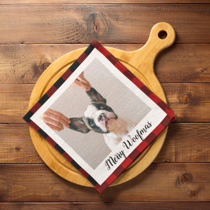 Red Buffalo Plaid & Merry Woofmas With Dog Photo Tea Towel