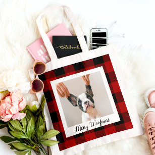 Red Buffalo Plaid & Merry Woofmas With Dog Photo Tote Bag
