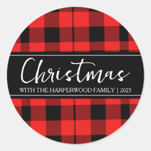 Red Buffalo Plaid Minimalist Christmas Family Name Classic Round Sticker