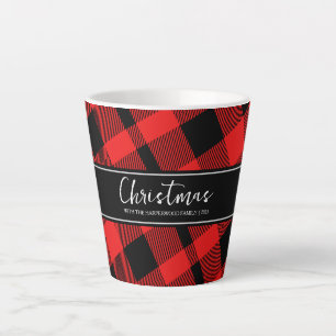 Red Buffalo Plaid Minimalist Christmas Family Name Latte Mug