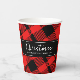 Red Buffalo Plaid Minimalist Christmas Family Name Paper Cups