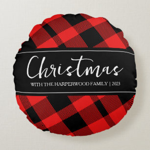 Red Buffalo Plaid Minimalist Christmas Family Name Round Cushion