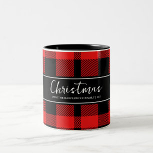 Red Buffalo Plaid Minimalist Christmas Family Name Two-Tone Coffee Mug