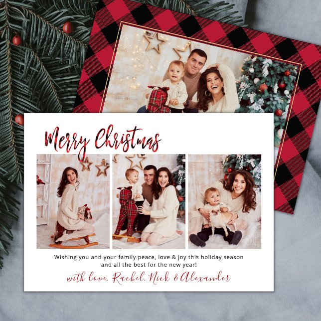 Red Buffalo Plaid Modern 3 Multi Photo Christmas Holiday Card (Creator Uploaded)