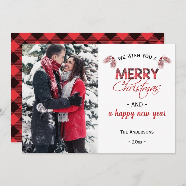 Red Buffalo Plaid | Modern Christmas Photo Holiday Card (Front/Back)