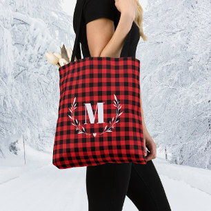 Red Buffalo Plaid Monogram Christmas Tote Bag