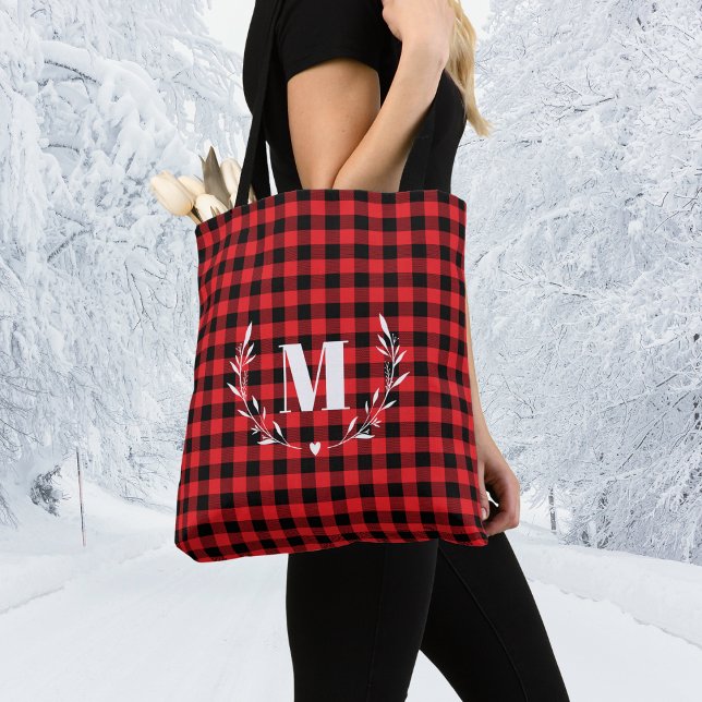 Red Buffalo Plaid Monogram Christmas Tote Bag (Creator Uploaded)