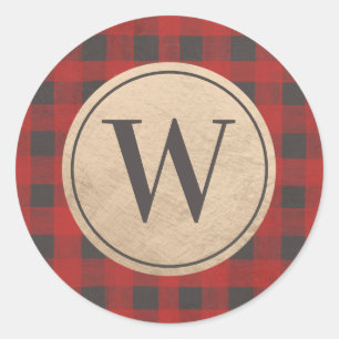 Red Buffalo Plaid Monogram Classic Round Sticker