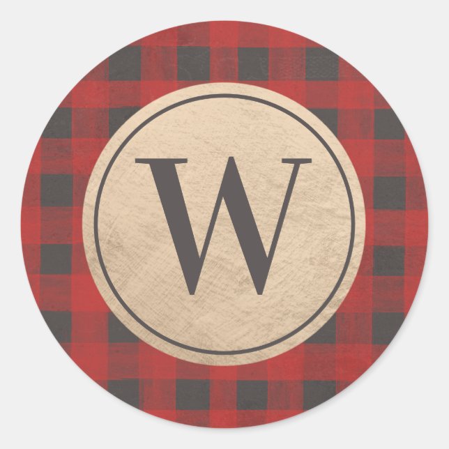 Red Buffalo Plaid Monogram Classic Round Sticker (Front)