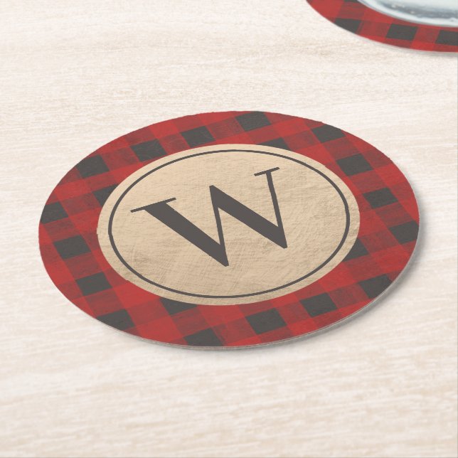 Red Buffalo Plaid Monogram Round Paper Coaster (Angled)