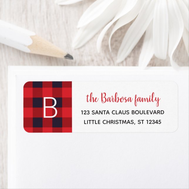 Red Buffalo Plaid Monogrammed Christmas Initial Return Address Label (Insitu)