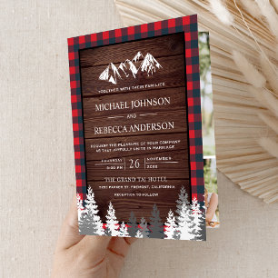Red Buffalo Plaid Mountain QR Code Wood Wedding Invitation