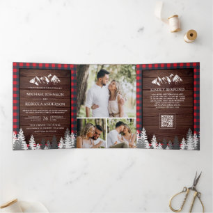 Red Buffalo Plaid Mountain QR Code Wood Wedding Tri-Fold Invitation
