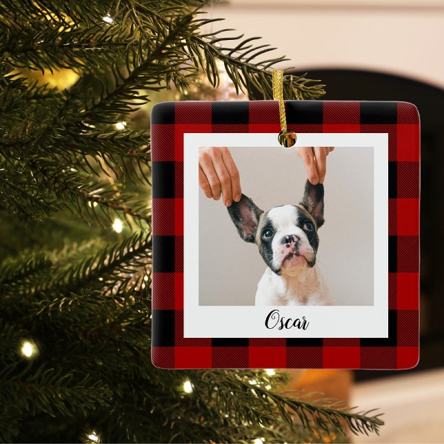 Red Buffalo Plaid &  Name And Dog Photo Ceramic Ornament (Creator Uploaded)