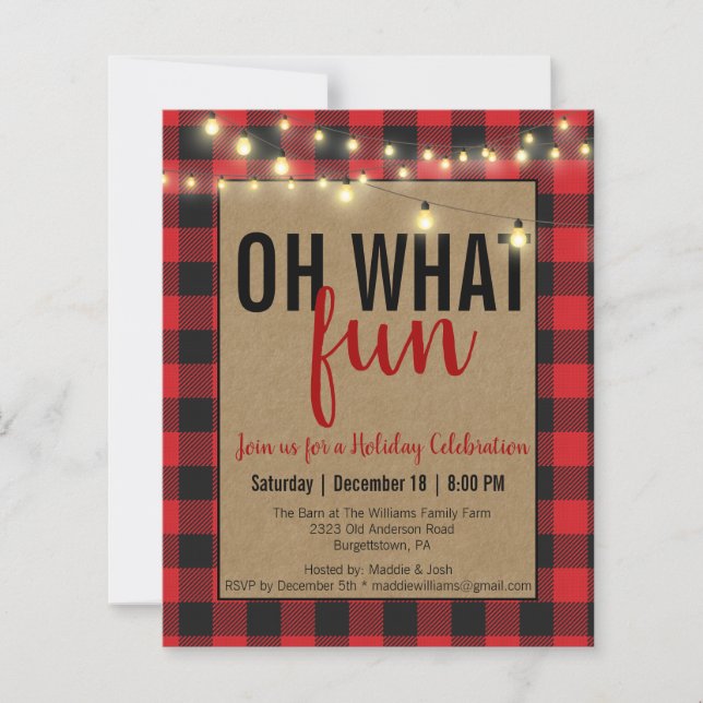 Red Buffalo Plaid Oh What Fun Xmas Party Invite  (Front)
