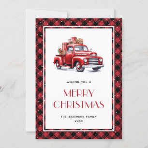 Red Buffalo Plaid Old Truck Merry Christmas Card