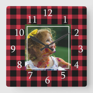 Red Buffalo Plaid One Photo Rustic Farmhouse Square Wall Clock