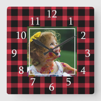 Red Buffalo Plaid One Photo Rustic Farmhouse Square Wall Clock