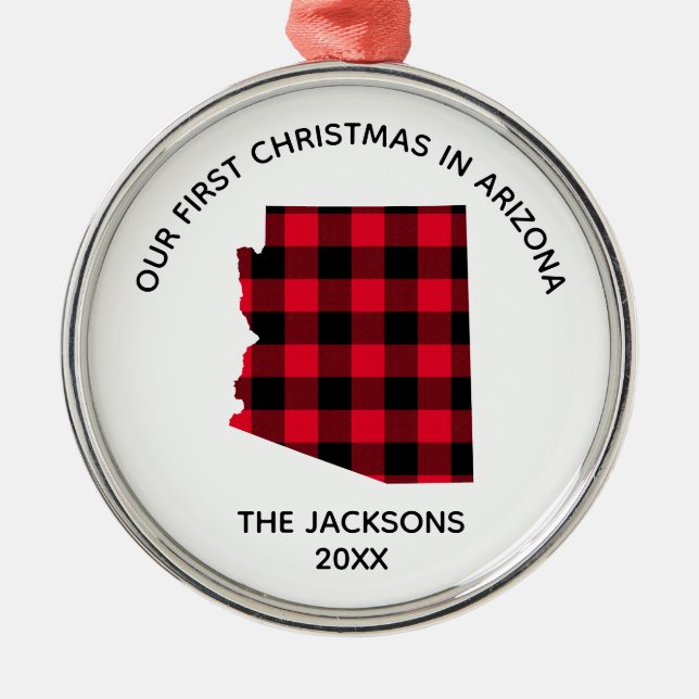 Red Buffalo Plaid Our 1st Christmas in Arizona Metal Ornament (Front)