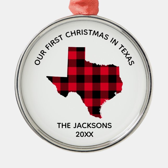 Red Buffalo Plaid Our 1st Christmas in Texas Metal Ornament (Front)