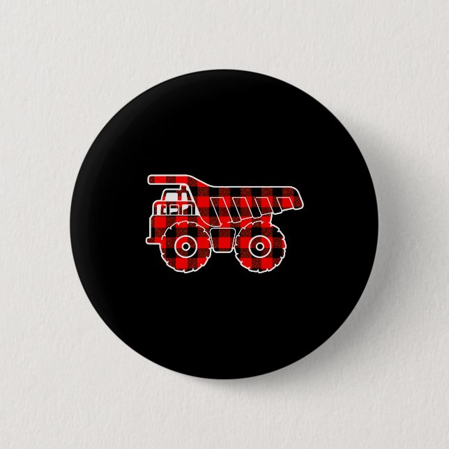 Red Buffalo Plaid Pajama Dump Truck Christmas  6 Cm Round Badge (Front)