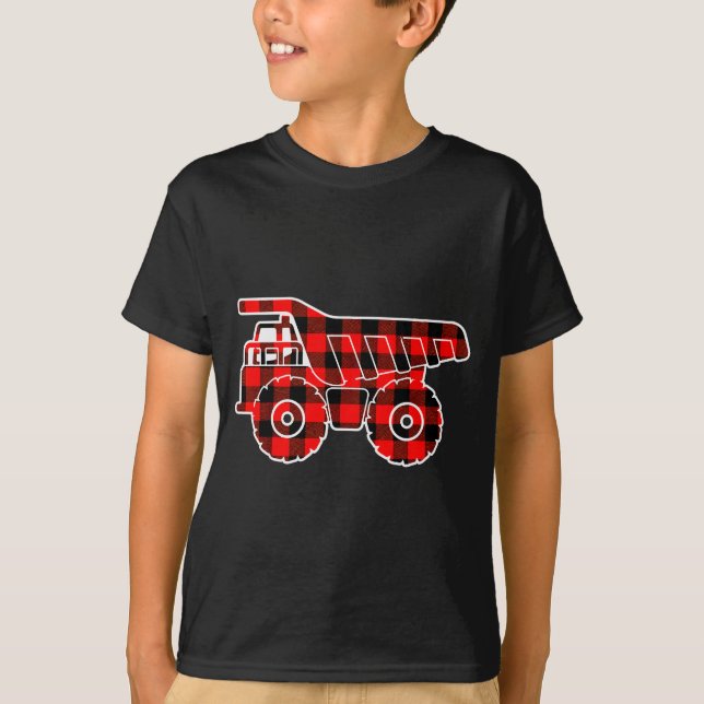 Red Buffalo Plaid Pajama Dump Truck Christmas  T-Shirt (Front)