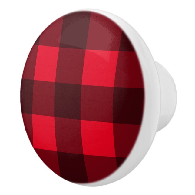 Red buffalo plaid pattern door and drawer knob (Right)