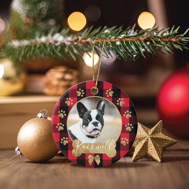 Red Buffalo Plaid Pattern Gold Bow Family Photo Ceramic Ornament (Red Buffalo Plaid Pattern Gold Bow Family Photo Ceramic Ornament)