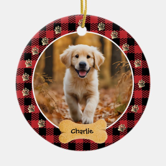 Red Buffalo Plaid Pattern Gold Pet Print Family Ceramic Ornament (Front)