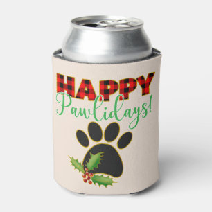Red Buffalo Plaid Paw Print Christmas Can Cooler