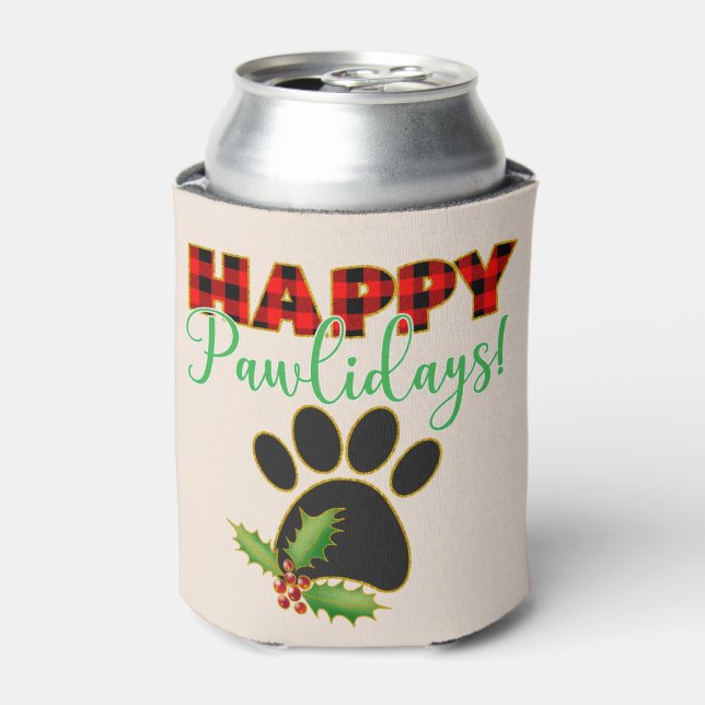 Red Buffalo Plaid Paw Print Christmas Can Cooler (Can Front)