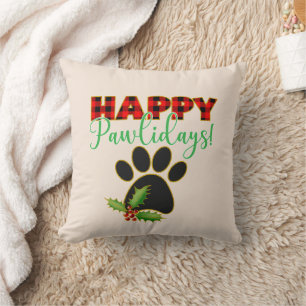 Red Buffalo Plaid Paw Print Christmas Cushion