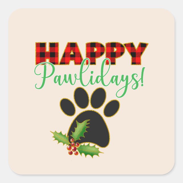 Red Buffalo Plaid Paw Print Christmas Square Sticker (Front)