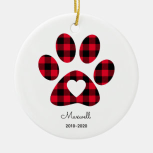 Red Buffalo Plaid Paw Print White Heart Ceramic Ornament